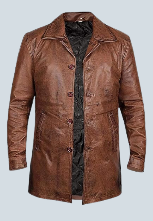 Brian Waxed Brown Long Leather Coat